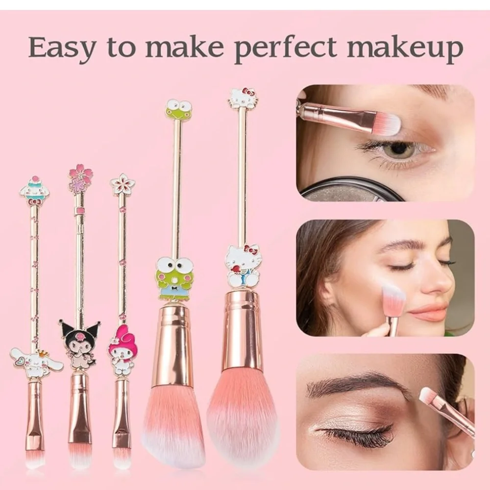 5PCS Hello Kitty & Friends Makeup Brushes Set with Pink Storage Bag